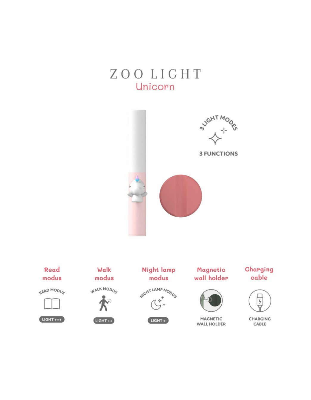Características de la lámpara portátil infantil unicornio: luz LED recargable con modo lectura, modo paseo, luz nocturna, soporte magnético y carga USB para habitaciones infantiles.