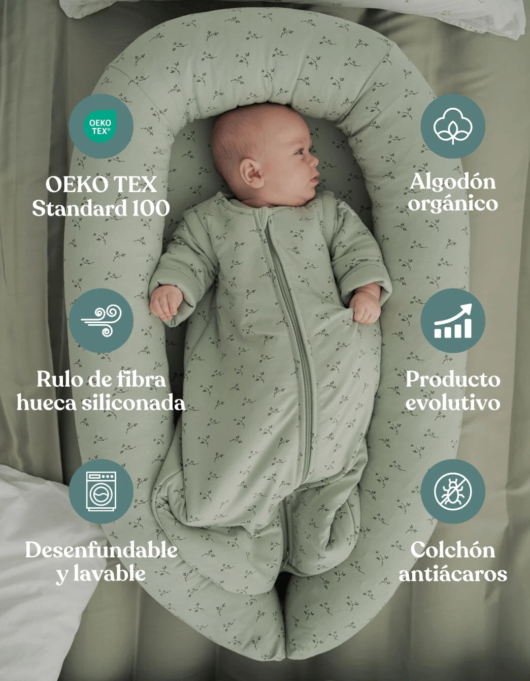 Nido colecho Olive de algodón orgánico con certificación OEKO-TEX.