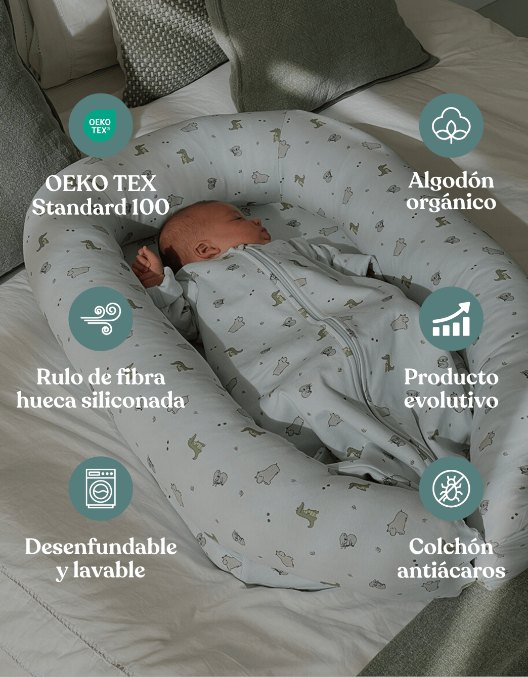 Nido Bebé Wild de algodón orgánico con certificación OEKO-TEX, colchón antiácaros y diseño evolutivo