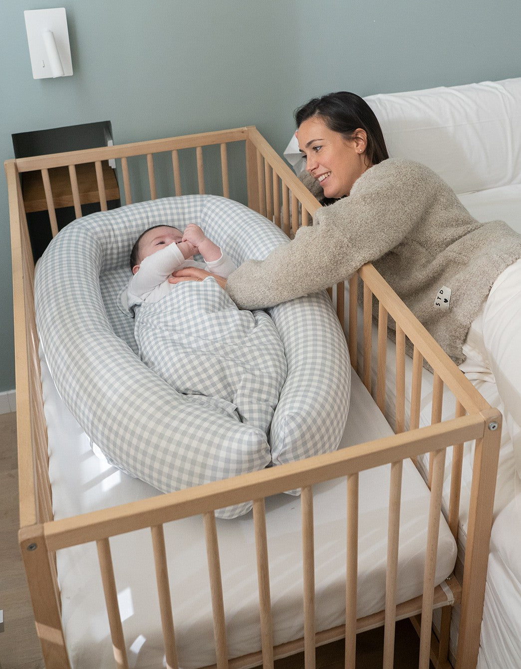 grey gingham co-sleeping nest