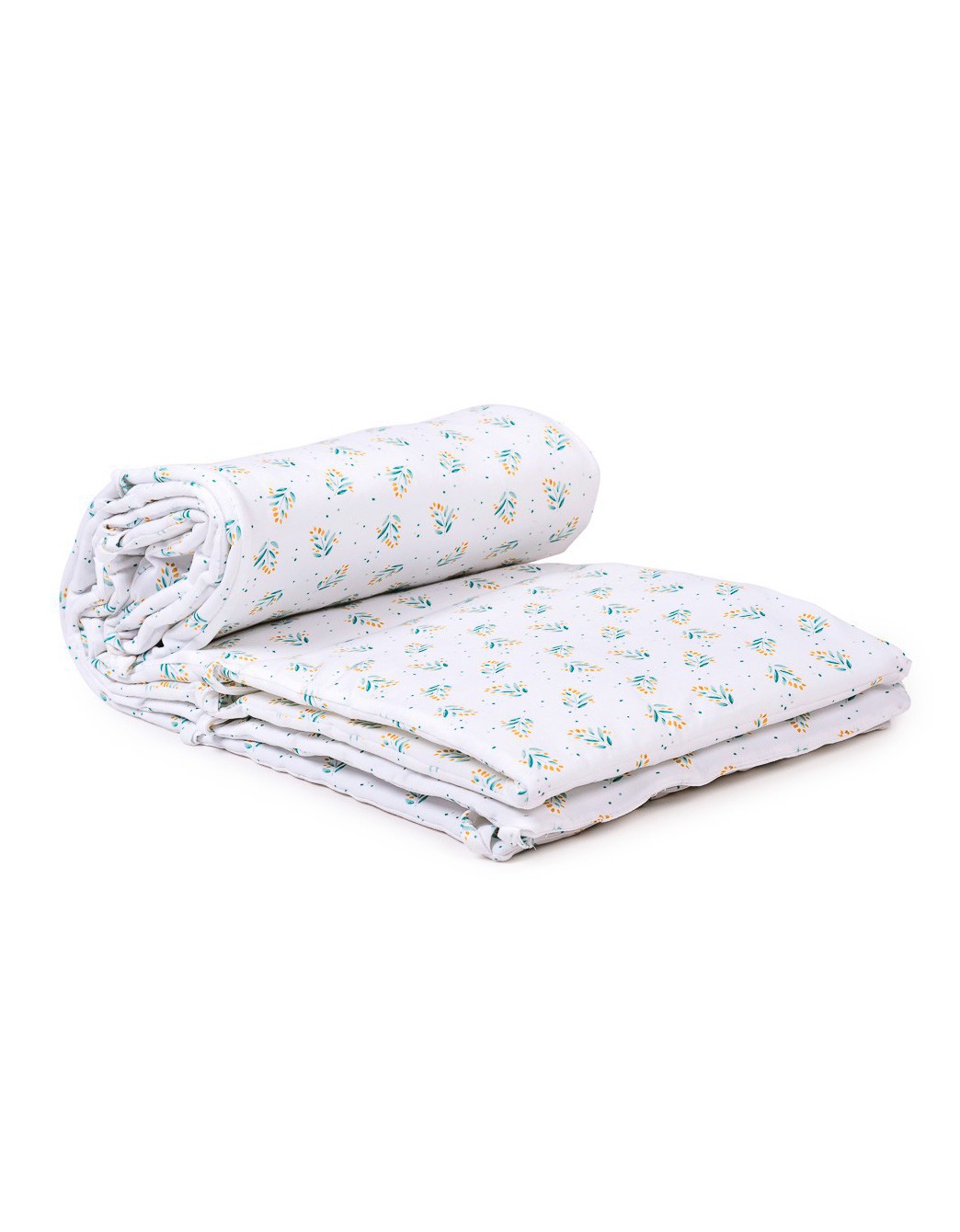 Protector de cuna Leaves de algodón orgánico enrollado, con estampado floral de hojas, suave y transpirable, ideal para proteger la cuna del bebé y crear un entorno de descanso seguro y confortable.