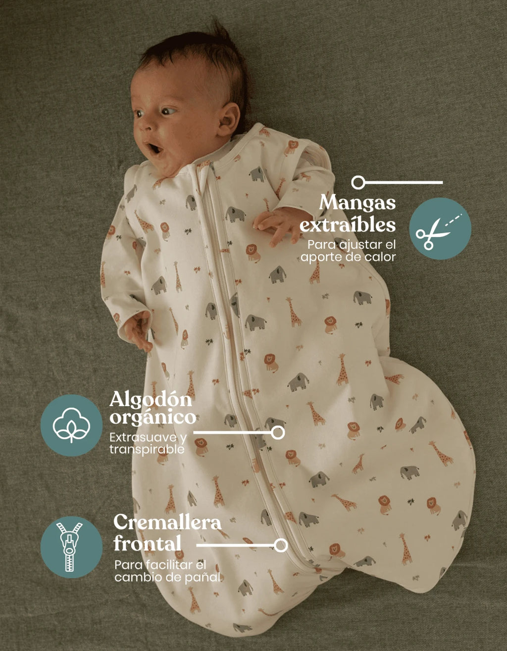 Características del saco de dormir bebé entretiempo TOG 1.5 estampado Safari: mangas desmontables, algodón orgánico suave y transpirable y cremallera frontal para facilitar el cambio de pañal.