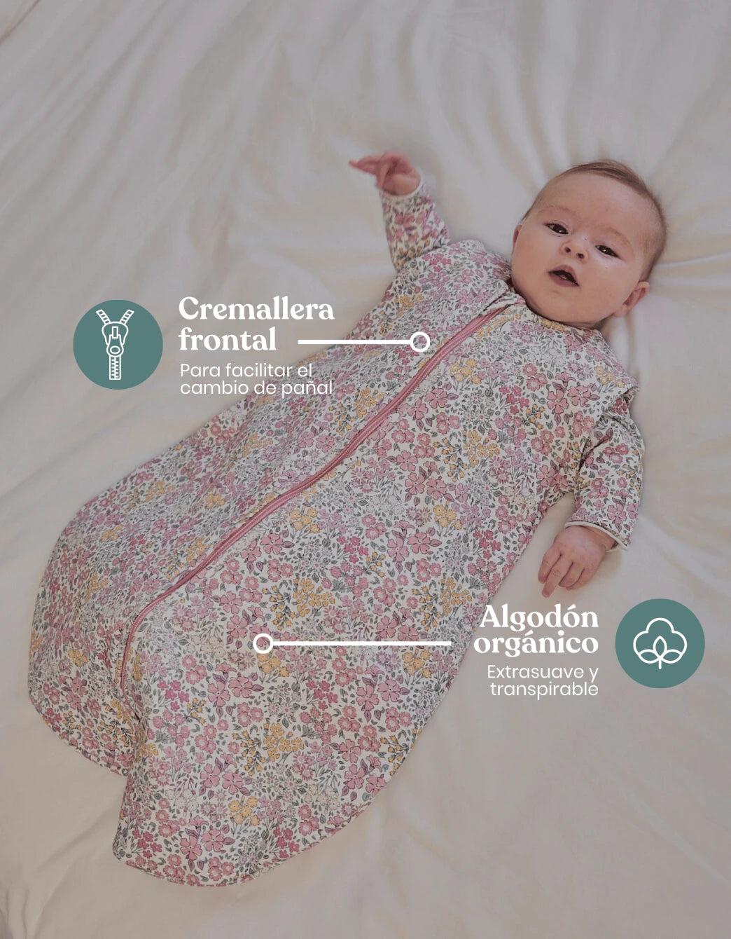Saco de dormir Liberty Rosa TOG 0.5 de algodón orgánico con cremallera frontal.